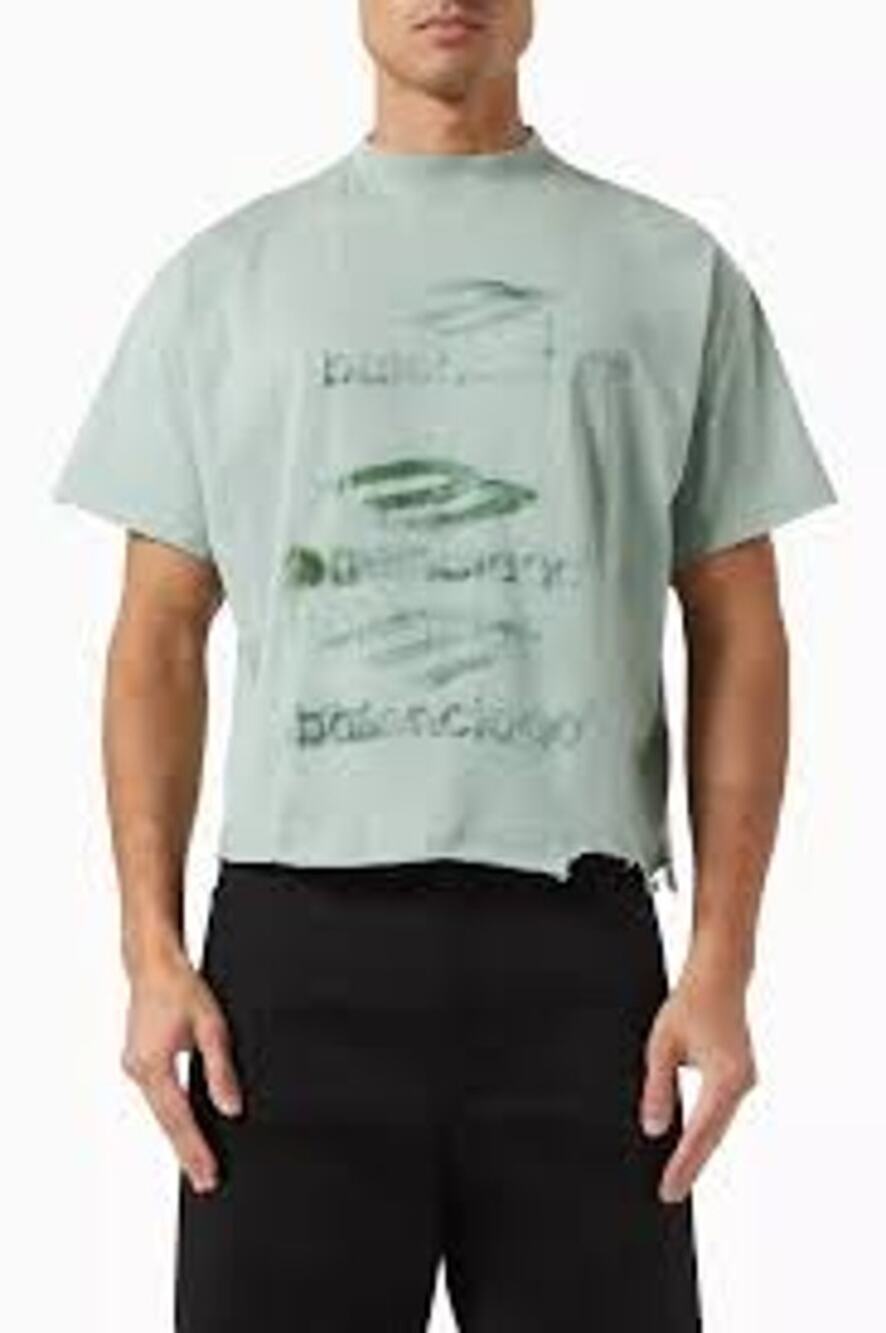 Balenciaga Unisex DIY Imprint Sage Green S/S Cropped Tee Shirt Distressed LARGE